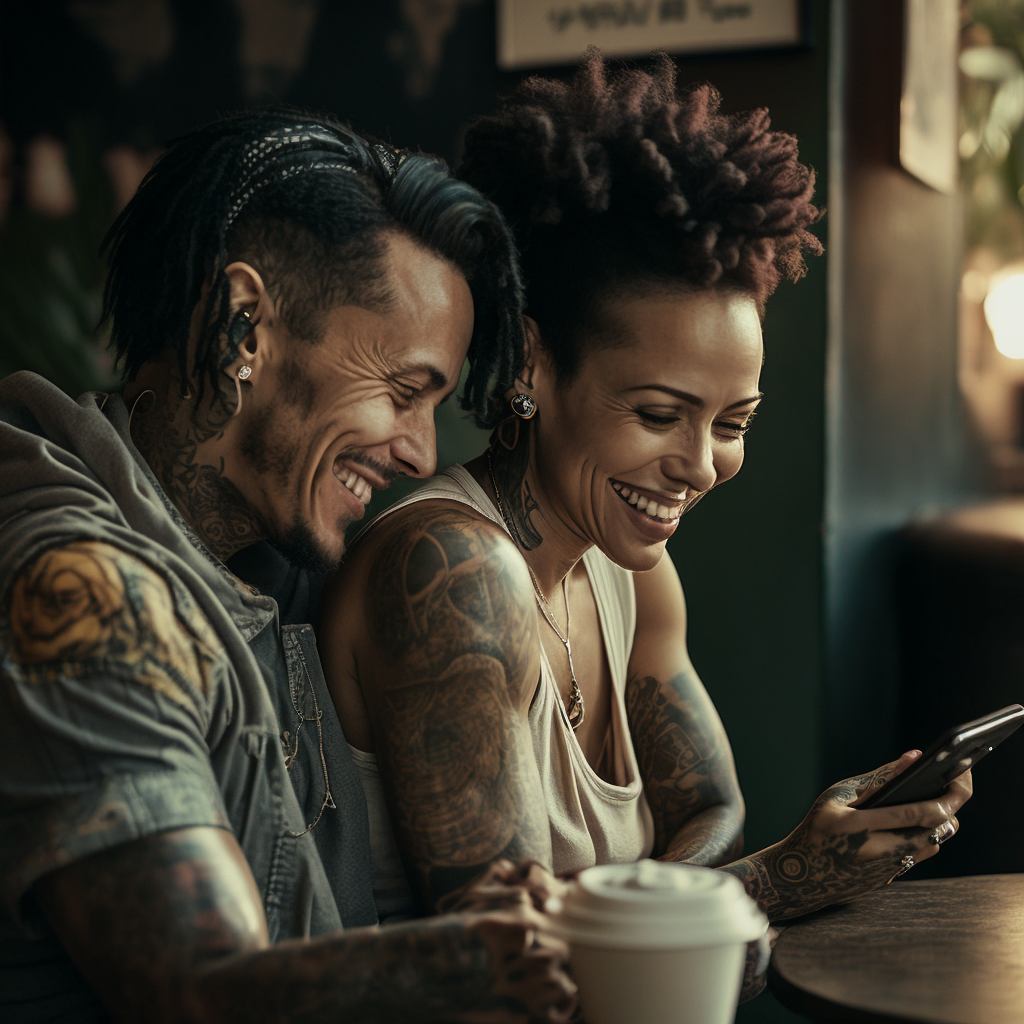 A cool twenty-something couple with tattoos laugh together as the woman shows her partner something on her phone.