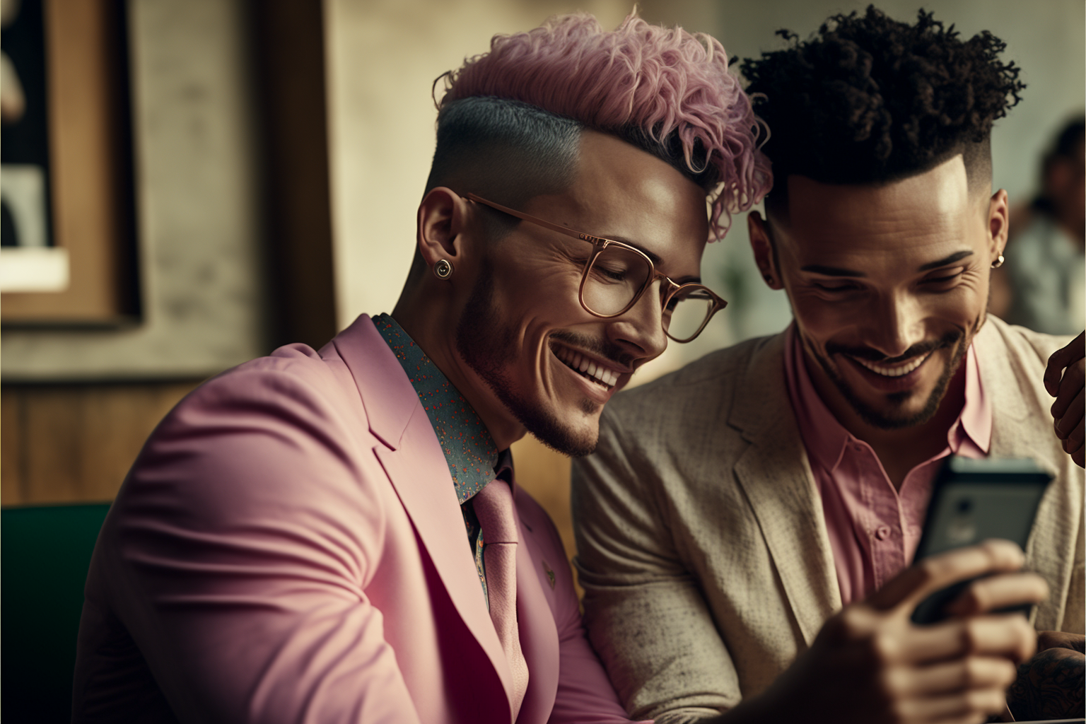 Handsome gay couple dressed in pink suits smile as they look at one of their mobile phones together.