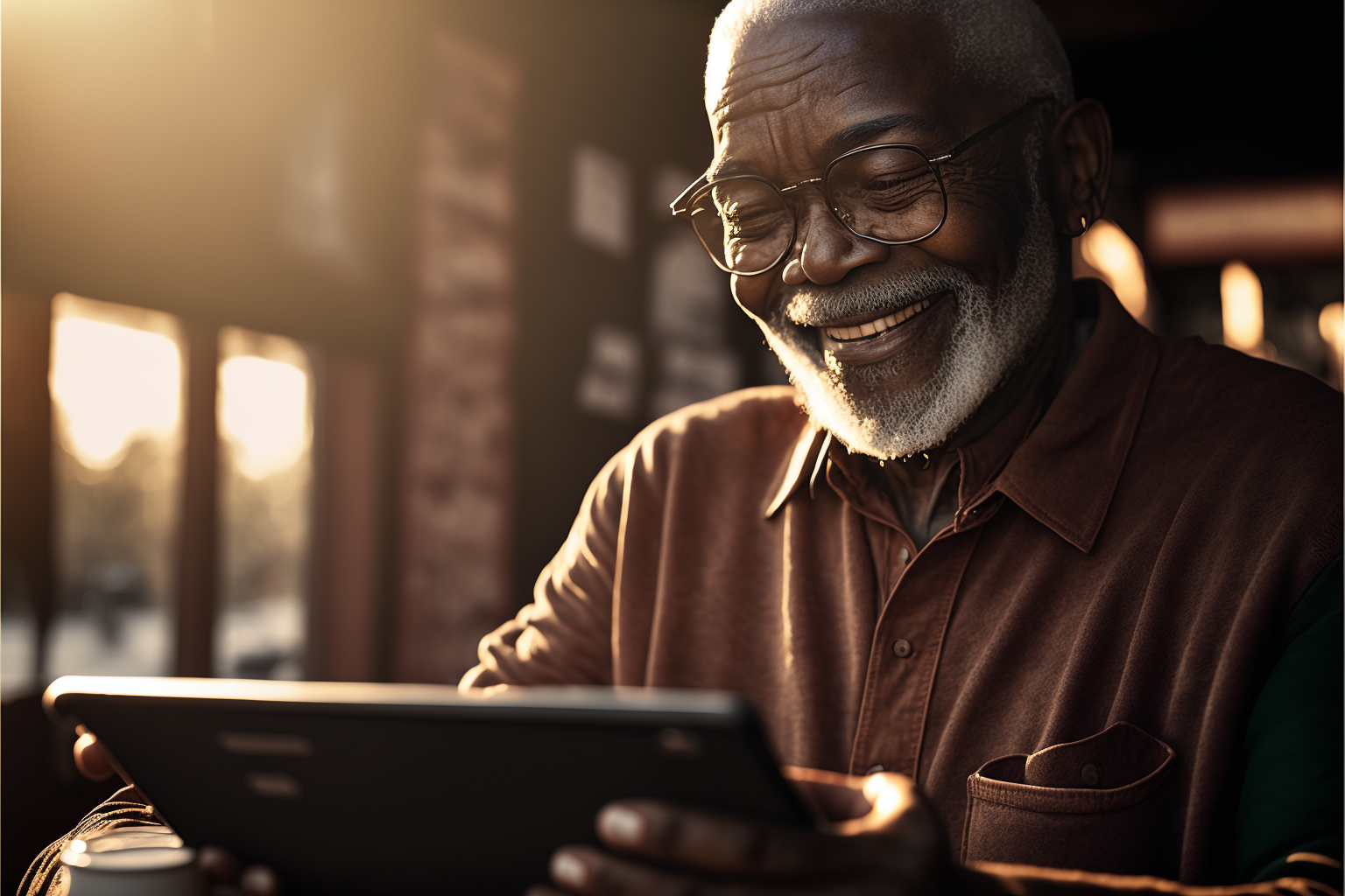An elderly man seated in a coffee shop smiles in the morning sunshine as he navigates his tablet.