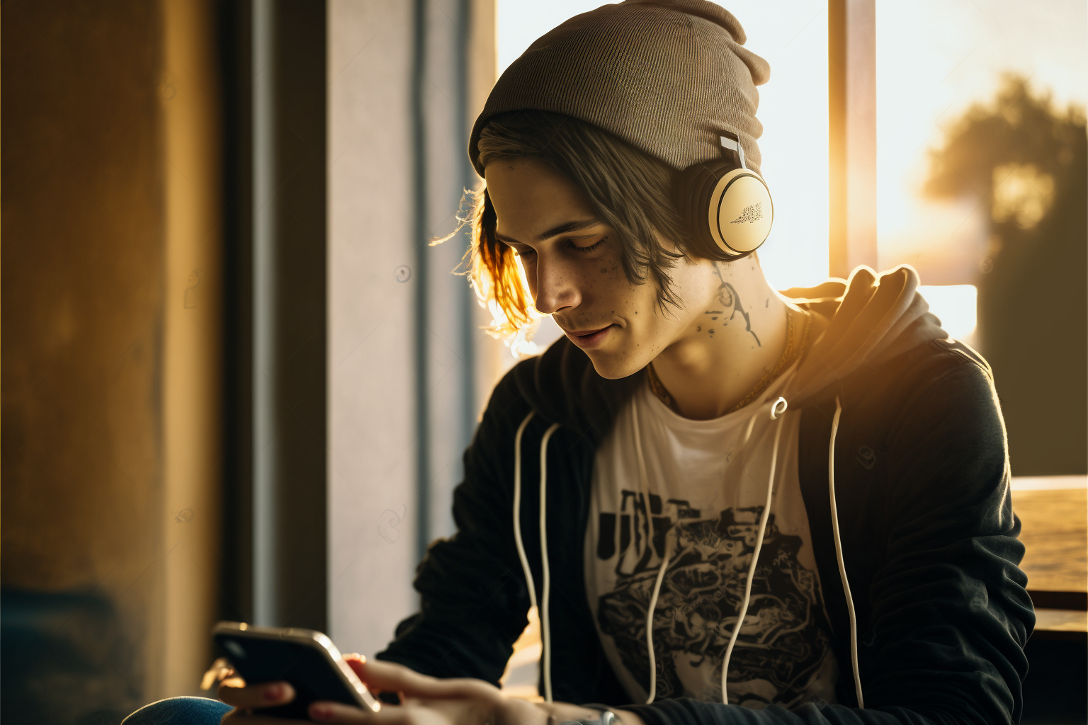 A teen skateboarder with headphones smirks as he scrolls his phone.
