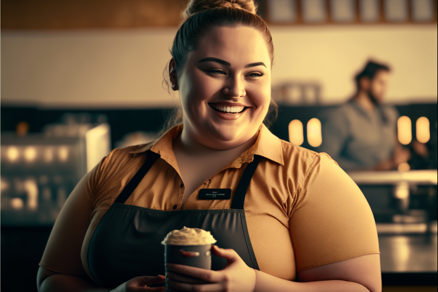 A smiling barista engages with a customer in front of a POS system.