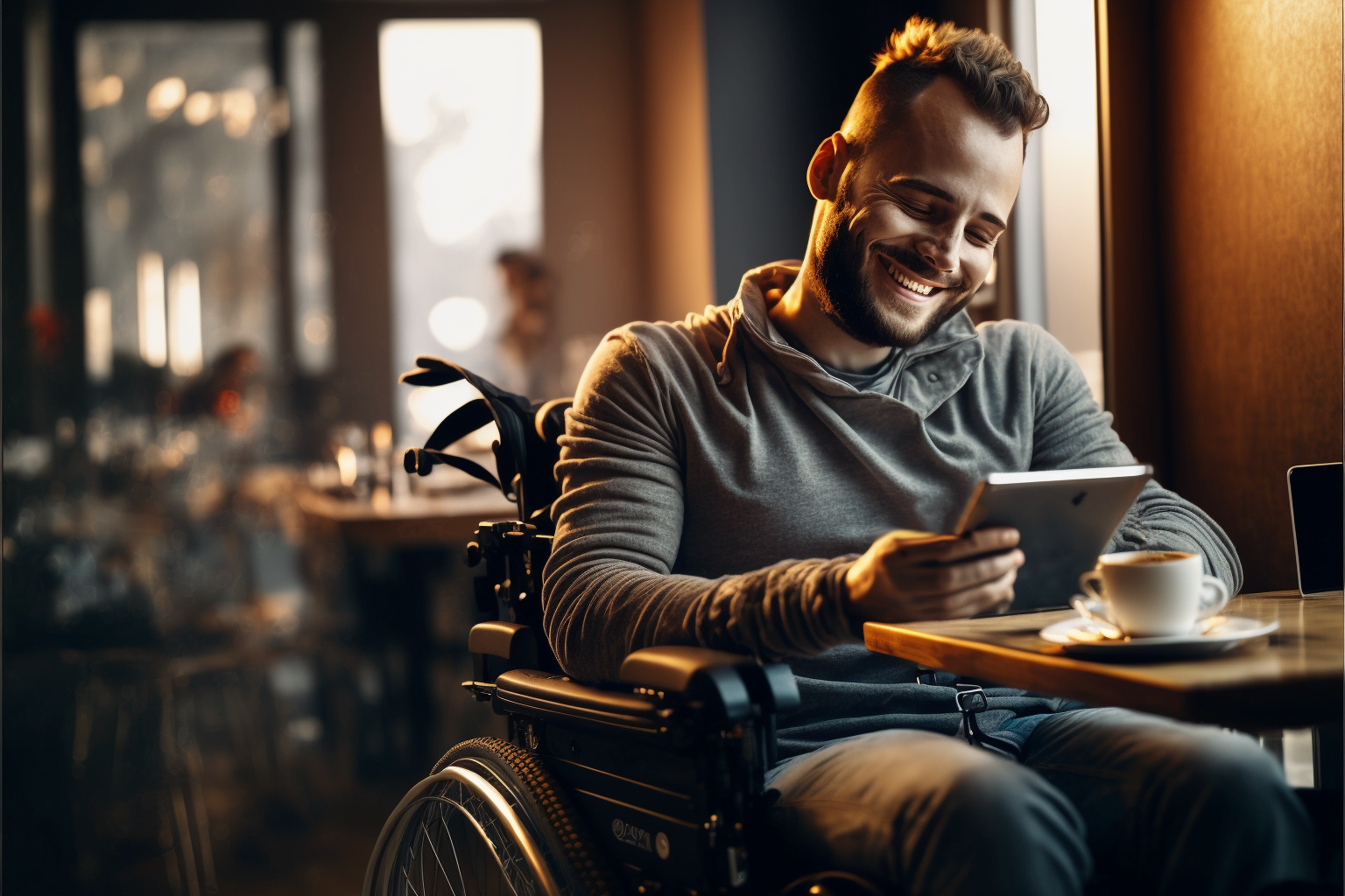 A 30-something military vet in a wheelchair smiles as he watches a video on his tablet device.